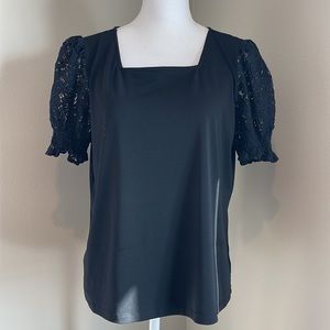 Adrianna Papell | Square Neck Puff Lace Sleeve Top | Black | Large